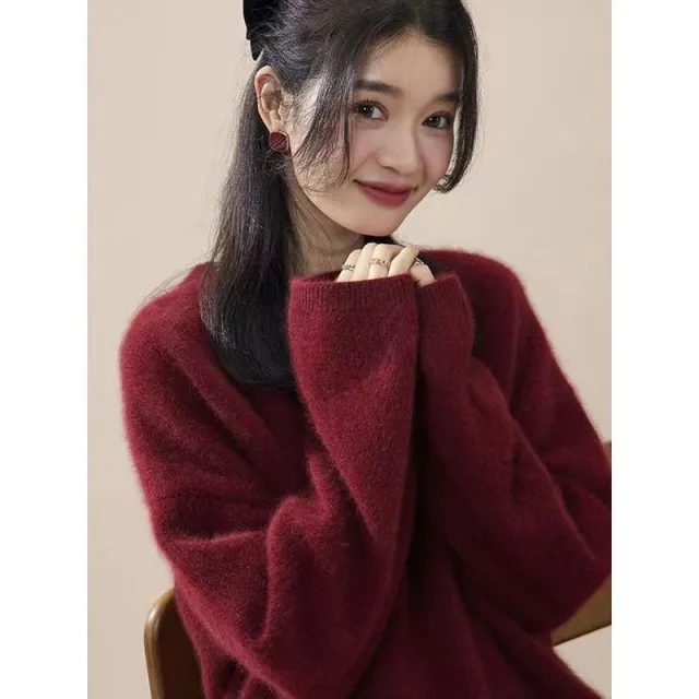 Red Pullover Women's Fall And Winter Outer Wear Mid length Comfortable Retro Slit Knit Sweater Red - Shop at LoveMi