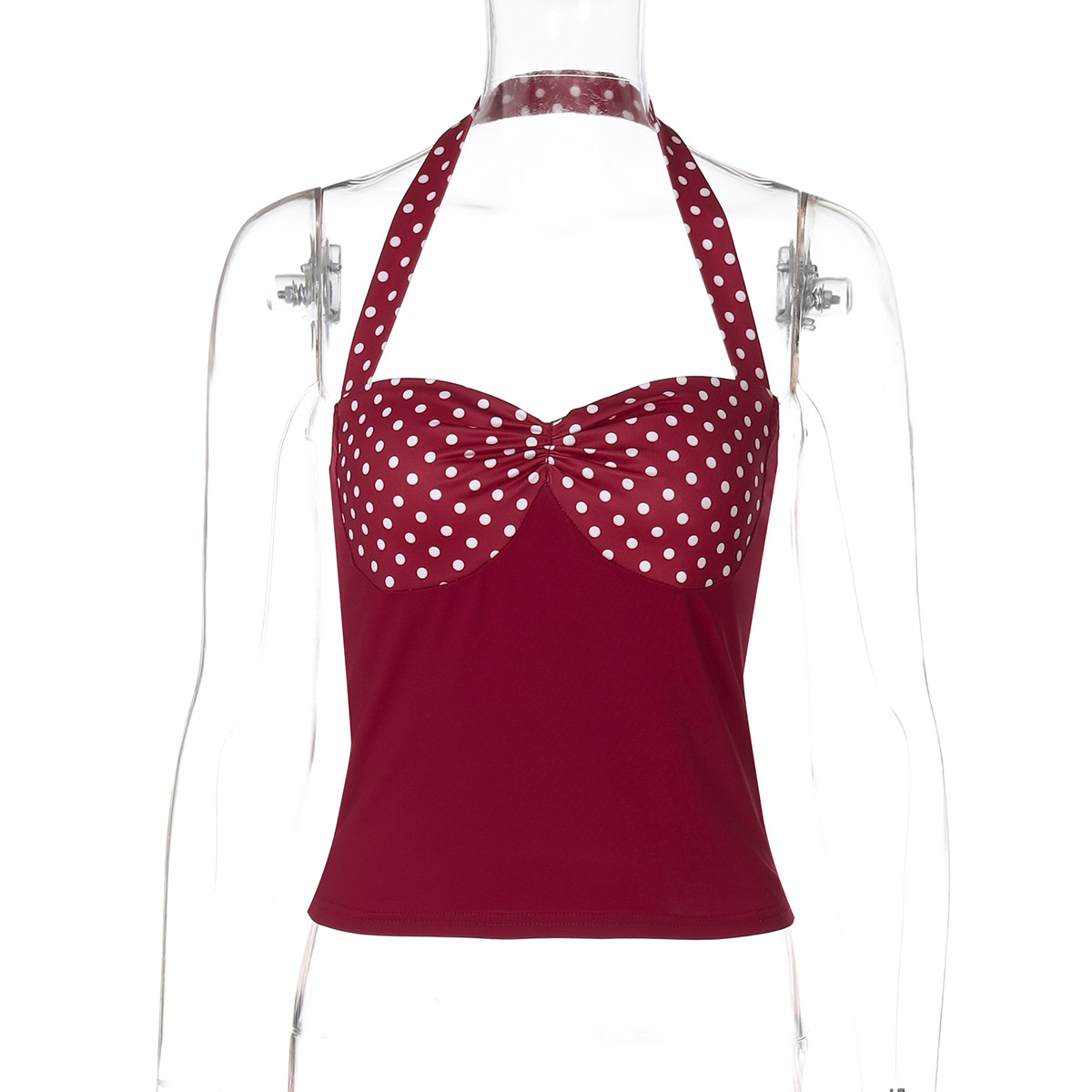 European And American Pure Desire Contrast Color Dot Design Sense Halter Backless Top Wine Red - Shop at LoveMi