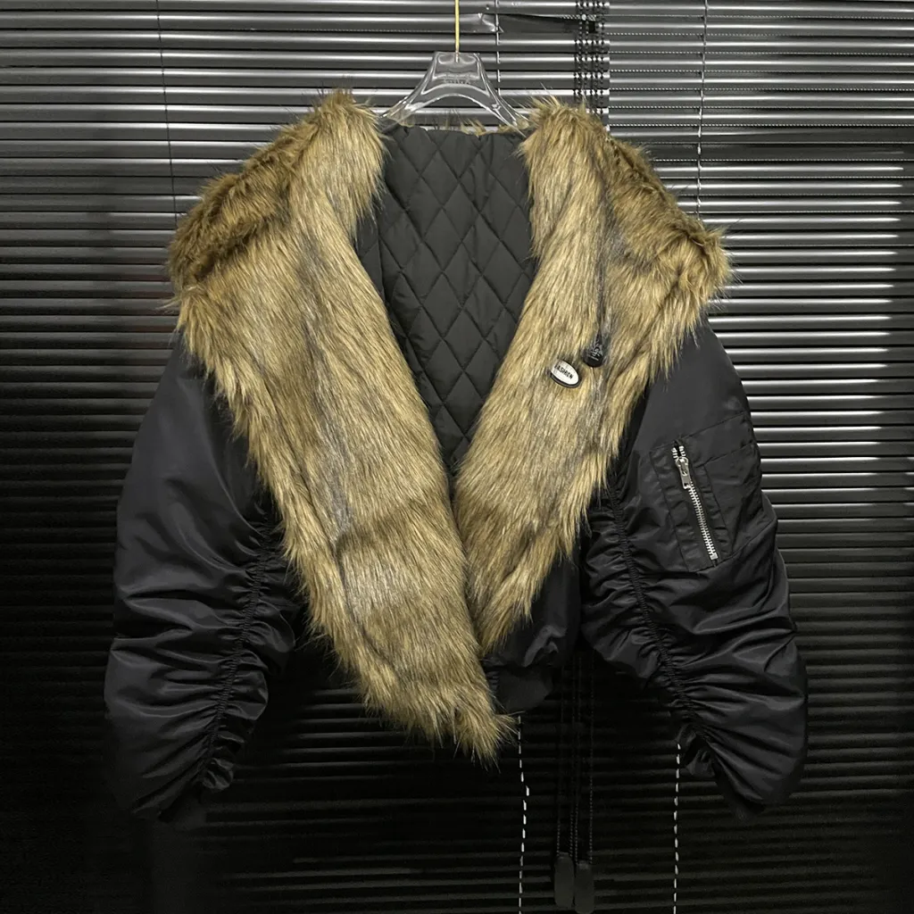 Big Fur Collar Coat Women's Loose Hooded Cotton-padded Coat - Black