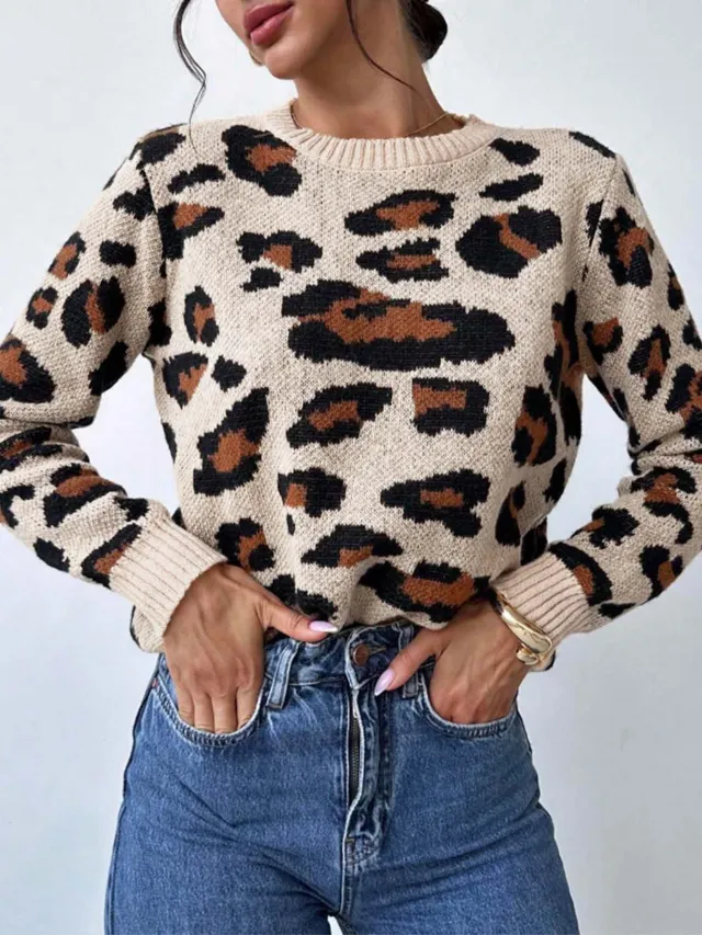 Round Neck Retro Commute Leisure Contrast Color Leopard Print Pullover Sweater Khaki - Shop at LoveMi
