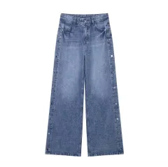 Women's High Waist Baggy Straight Trousers Jeans - Blue - View 1