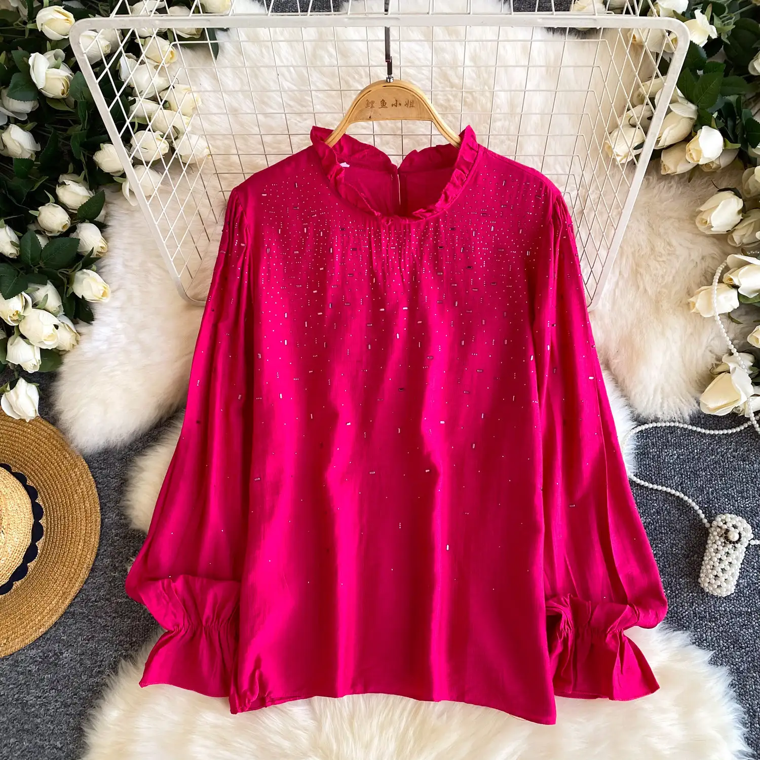 French-style Soft Romance Ruffle-trimmed Beaded Long-sleeve Shirt