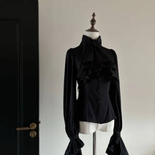 Retro Design Top Long Sleeve Shirt Gothic Style Long Sleeve Ruffled Shirt Black - Shop at LoveMi