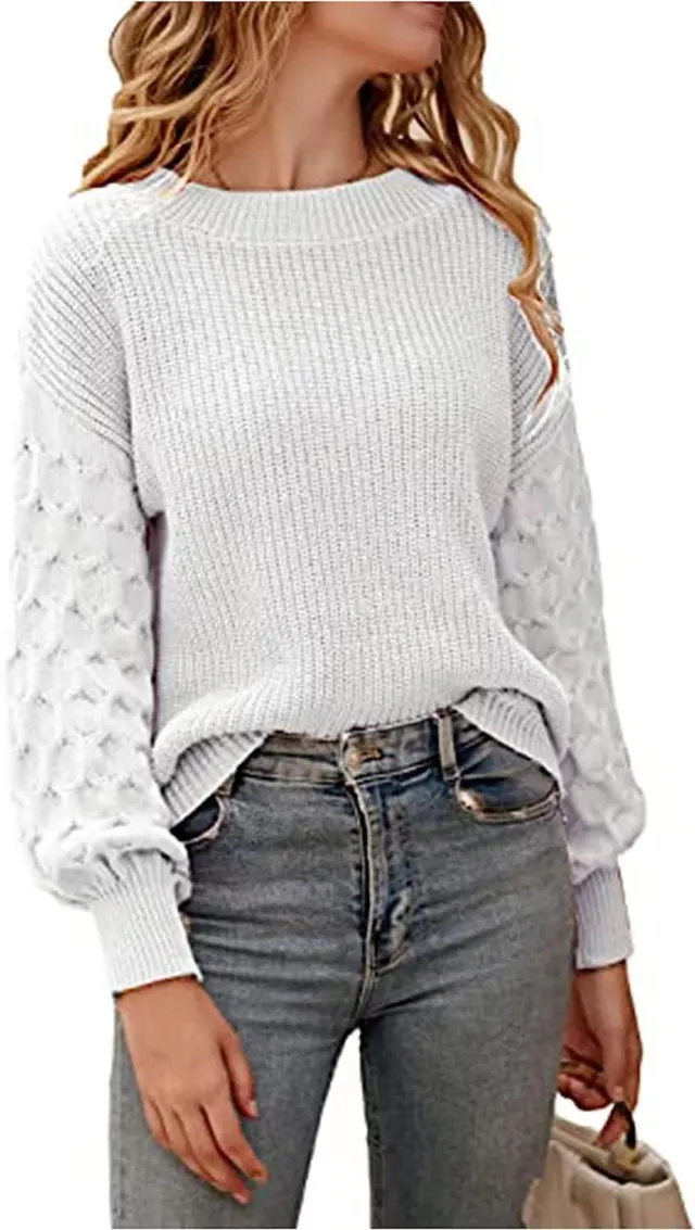 Fashion Lantern Sleeve Round Neck Pullover Knitted Sweater Women White - Shop at LoveMi