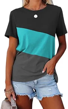 Spring And Summer Color-block Crew Neck Loose Casual Short-sleeved T-shirt - Peacock Blue - View 1