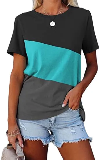 Spring And Summer Color block Crew Neck Loose Casual Short sleeved T shirt Peacock Blue - Shop at LoveMi