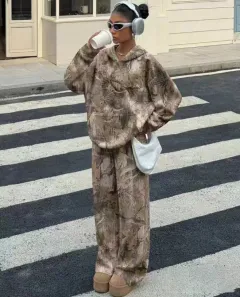 Street Fashion Camouflage Loose Casual Top With Straight-leg Pants - Light Brown Camouflage Suit - View 1