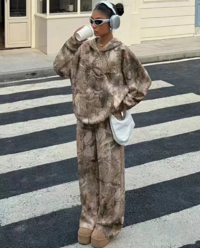 Street Fashion Camouflage Loose Casual Top With Straight leg Pants Light Brown Camouflage Suit - Shop at LoveMi