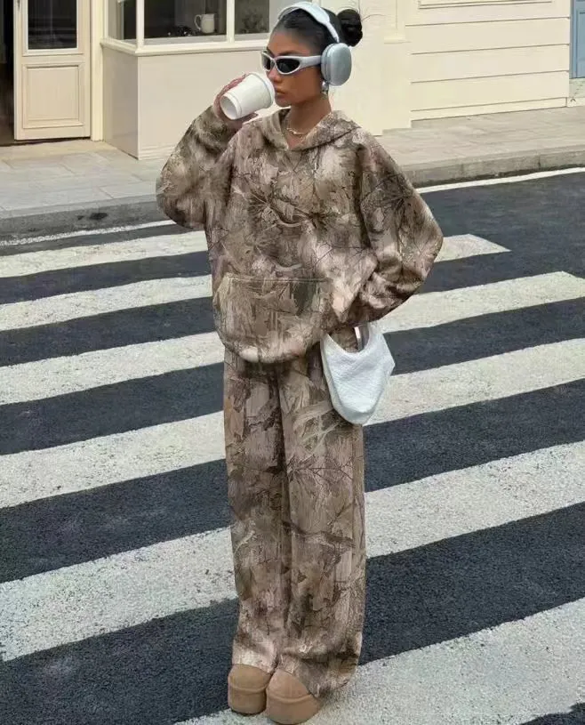 Street Fashion Camouflage Loose Casual Top With Straight-leg Pants - Light Brown Camouflage Suit