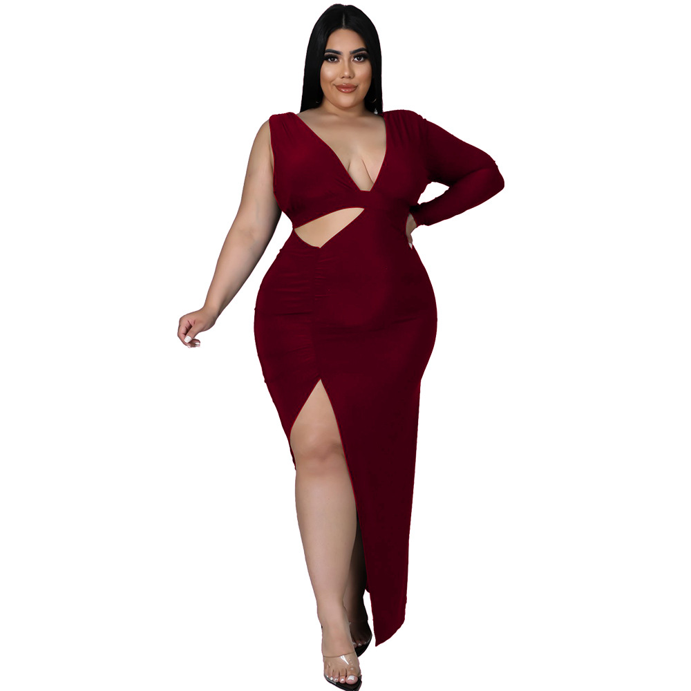 Solid color Single sleeve Sexy Hollow out Maxi Dress Wine Red - Shop at LoveMi