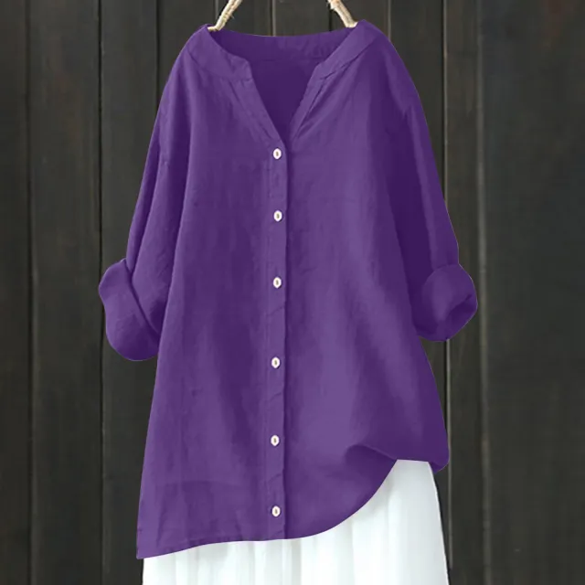 Women's Cotton And Linen Long Sleeve Button Shirt Purple - Shop at LoveMi
