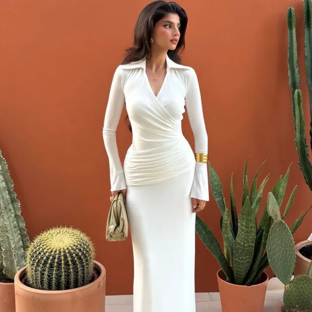 Womens Elegant Waist cinching V neck Long sleeve Dress White - Shop at LoveMi