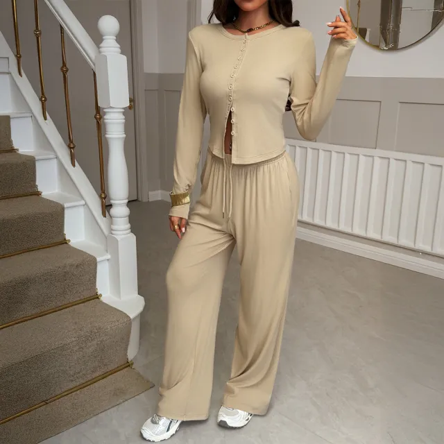 European And American Vacation Shirt Jacket Casual Trousers Apricot - Shop at LoveMi