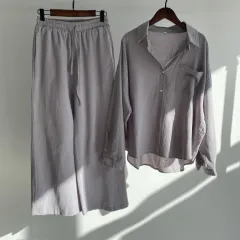 Women's 2-piece Retro Plus Size Shirt Outfit High Waist Loose Trousers - Grey - View 1