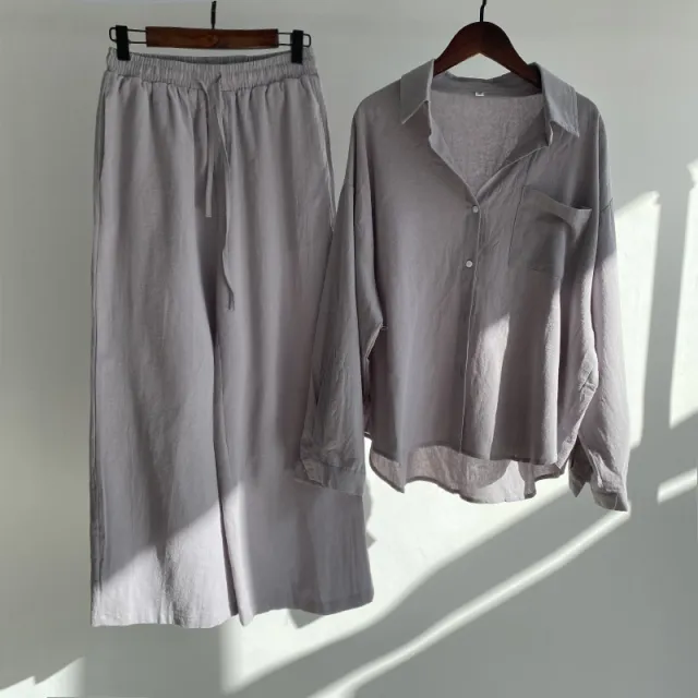 Women's 2 piece Retro Plus Size Shirt Outfit High Waist Loose Trousers Gray - Shop at LoveMi
