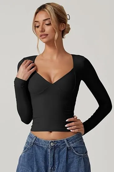 Women's Long Sleeve V neck Midriff baring Top T shirt Black - Shop at LoveMi