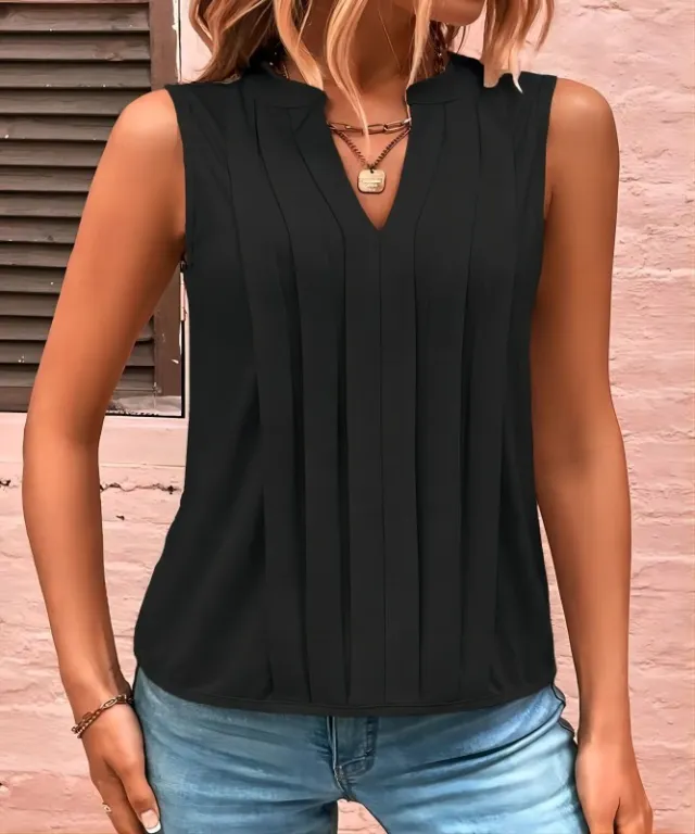 Fashion V neck Casual Loose fitting Pleated Momentum T shirt Vest Black - Shop at LoveMi