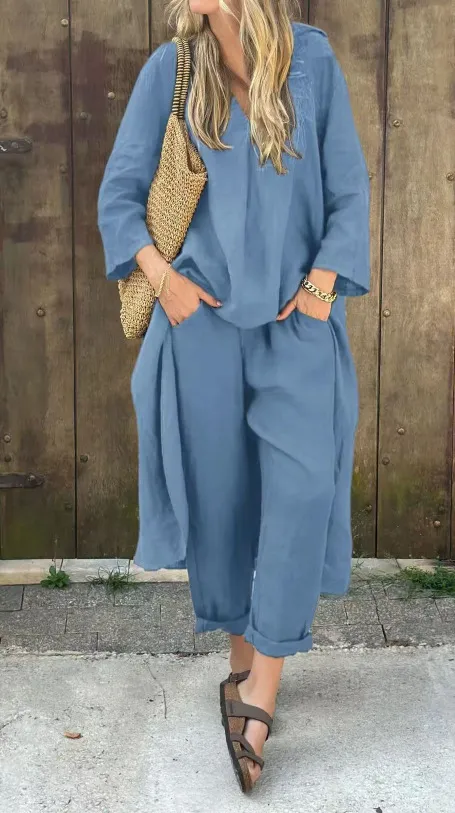 Long sleeved Suits Loose V neck Long Top And High Waist Wide Leg Pants With Pockets Women's Clothing Light Blue - Shop at LoveMi