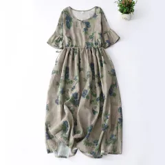 Summer Elegant Cotton And Linen Floral Belly-covering Dress - Green - View 1