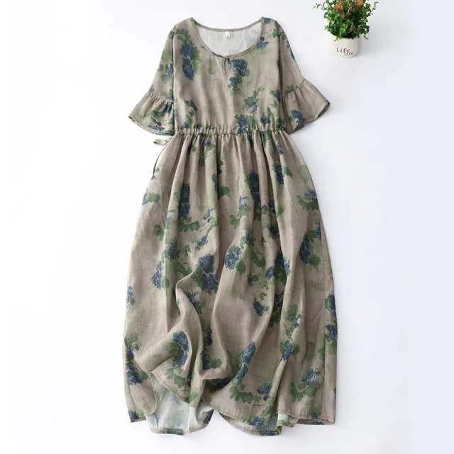 Summer Elegant Cotton And Linen Floral Belly covering Dress Green - Shop at LoveMi