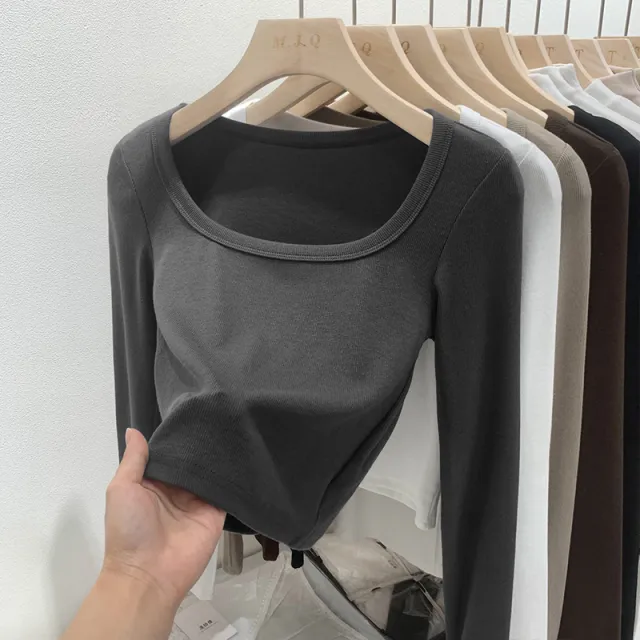 Solid Color Square Collar Bottoming Shirt Long Sleeve Gray - Shop at LoveMi