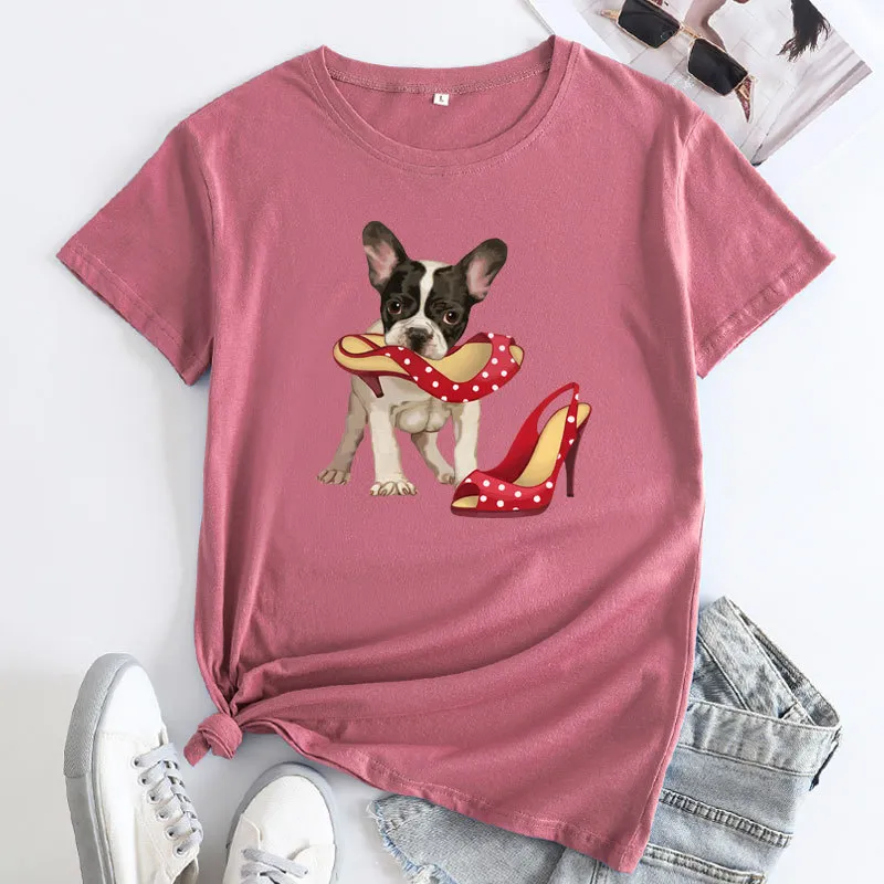Loose And Cute Dog Print Pure Cotton Round Neck Short Sleeves - Rose Red