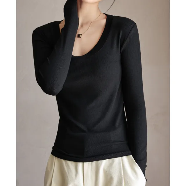 Thread Modal Solid Color Large Round Neck Long Sleeves Base Shirt Black - Shop at LoveMi