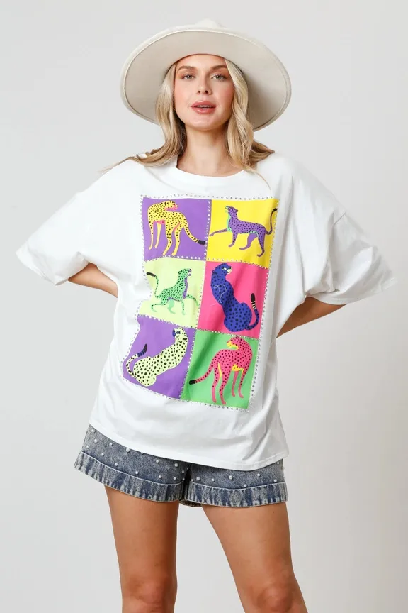 Fashion Printed Rhinestones Top Loose Ladies White Animal - Shop at LoveMi