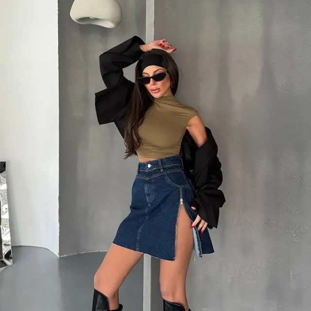 Design Zipper Split Denim Skirt Women T5008 Dark Blue - Shop at LoveMi