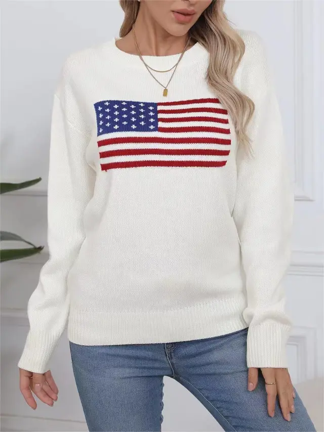 Aesthetic Retro Sweater Loose Flag White - Shop at LoveMi