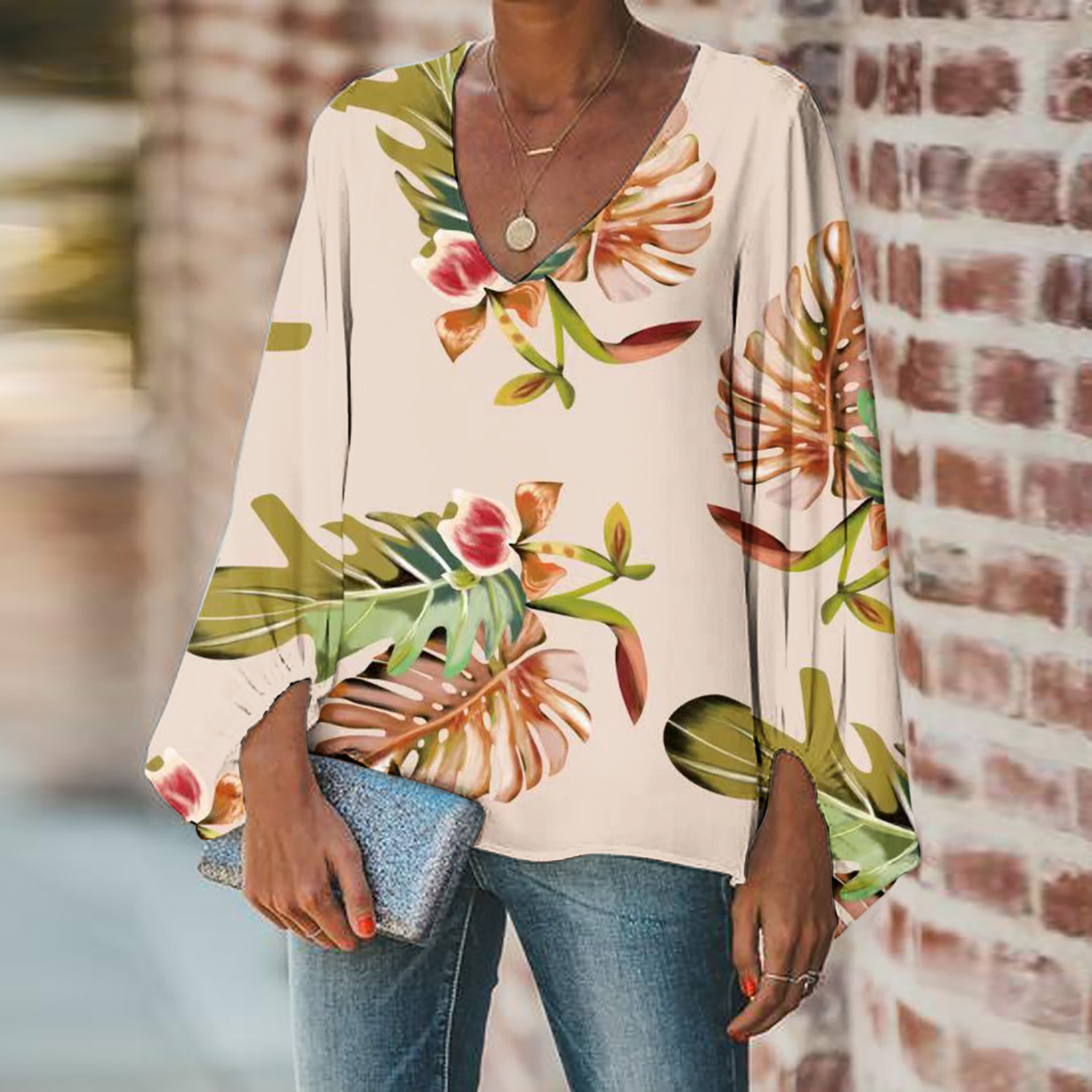 Spring And Autumn Women's V-neck Loose Large Cuff Pullover