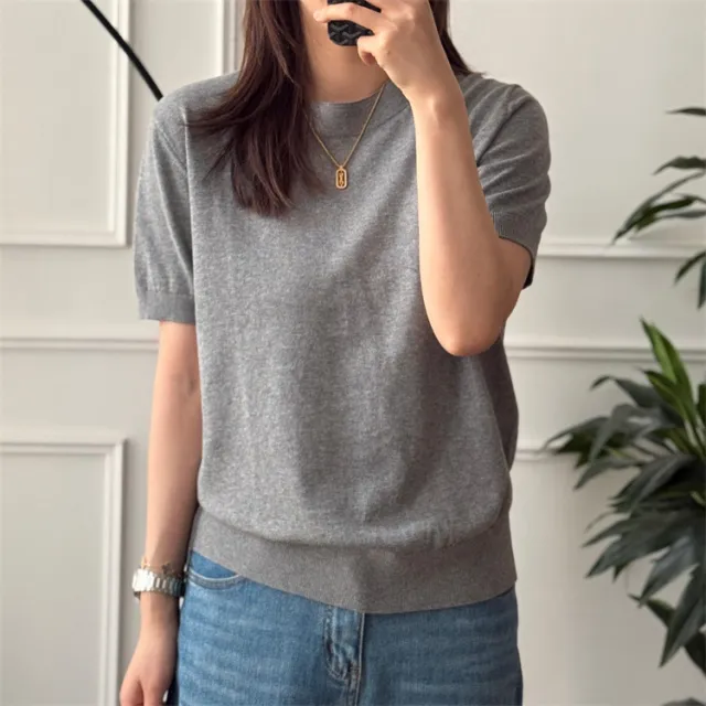 Pure Color Cotton Spun Yarn Knitwear Short Sleeve Gray - Shop at LoveMi