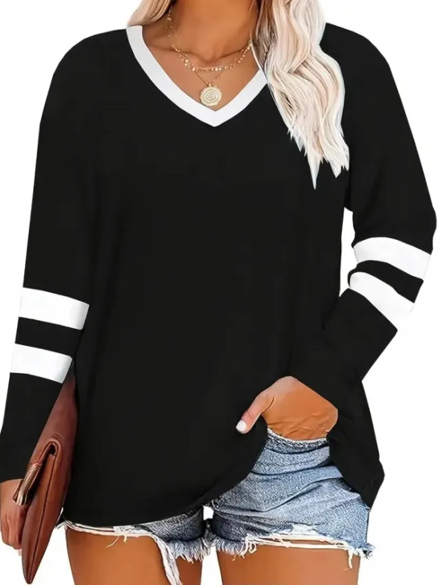 Female Casual V neck Digital Printing Loose Oversized Long Sleeves Black - Shop at LoveMi