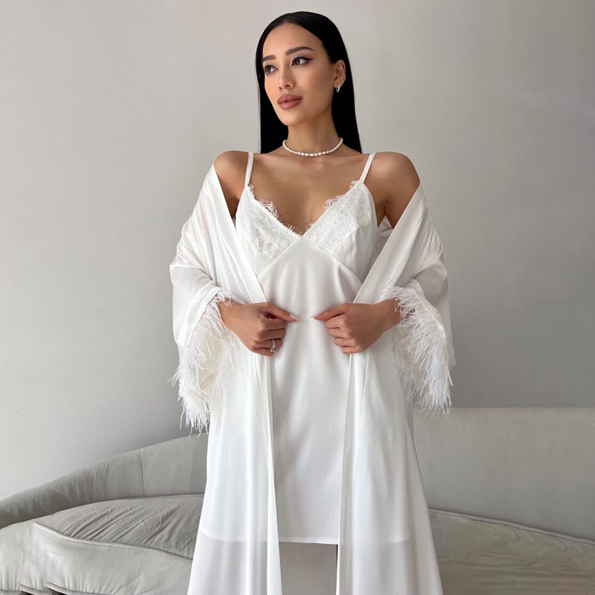 Feather-embellished Two-piece Pajama Set Robe And Nightgown