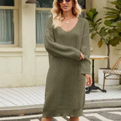 Women's Loose Solid Colour Knitwear Dress Mid-length Autumn And Winter Lazy Pullover Sweater - Green - View 1
