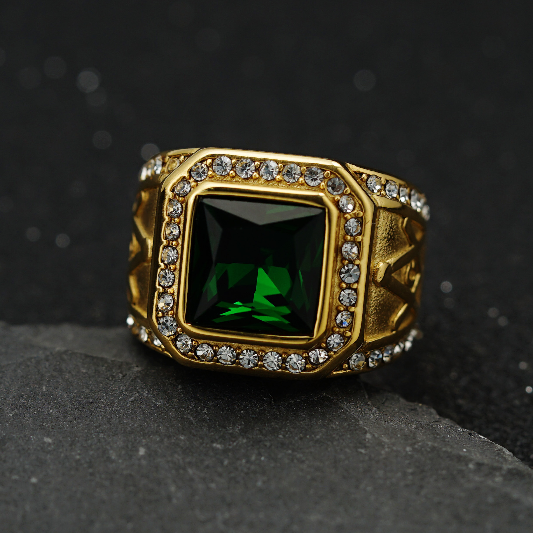 Stainless Steel Gold-plated Inlaid Colored Gem Masonic AG Vintage Ring