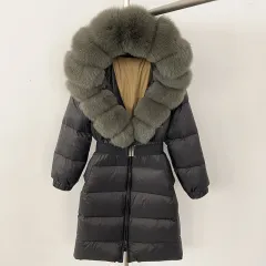Women's Long Cinched Hoodie Real Fox Fur Collar Coat - Black Dark Green - View 1