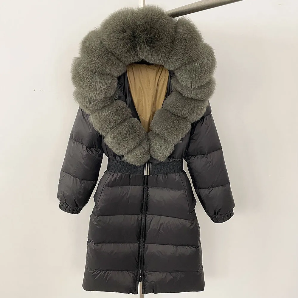 Women's Long Cinched Hoodie Real Fox Fur Collar Coat - Black Dark Green