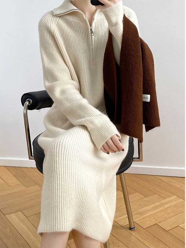Overcoat Inner Wear Overknee Sweater Knitted Dress Beige - Shop at LoveMi