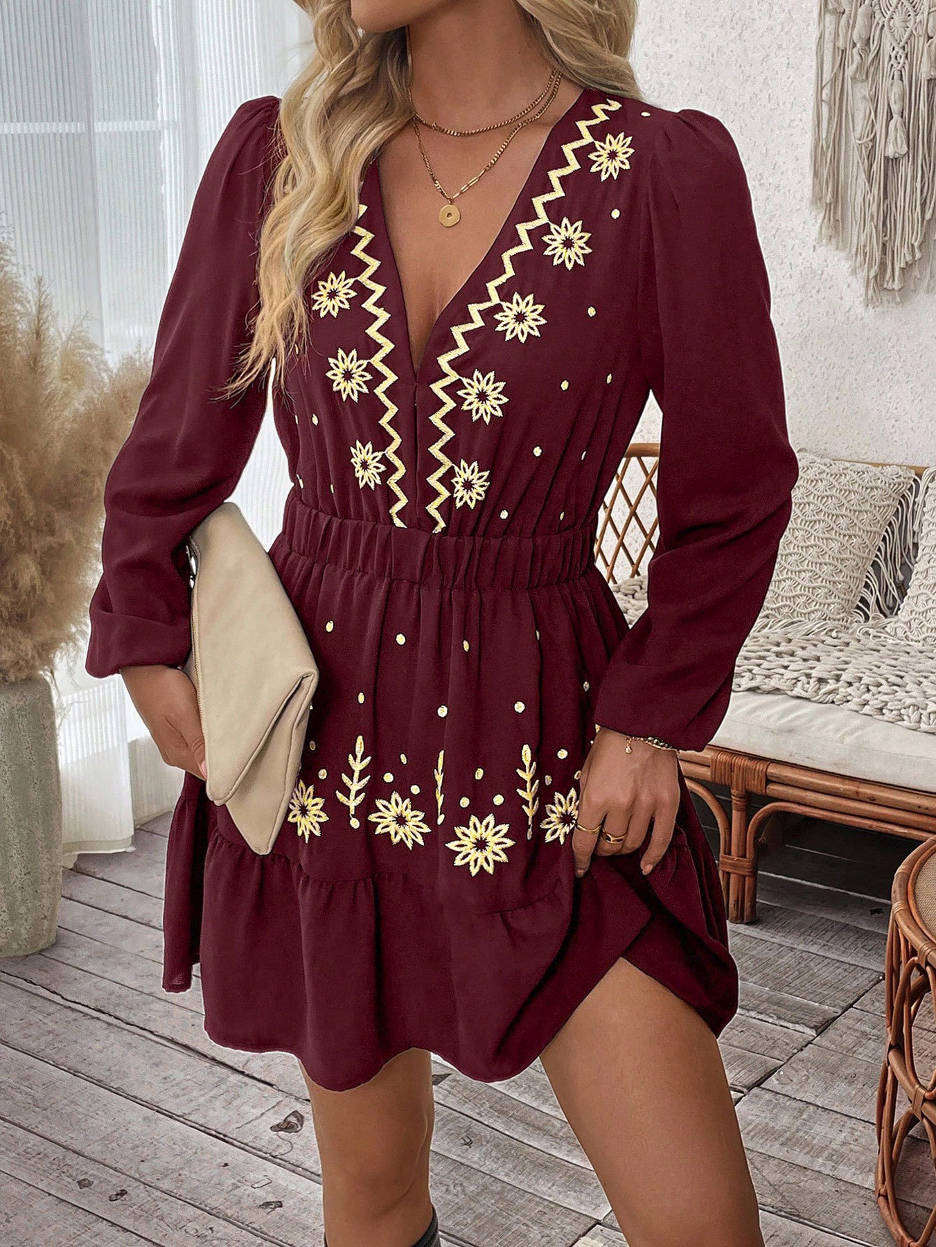 Embroidered Deep V-Neck Long-Sleeve European And American-Style Dress