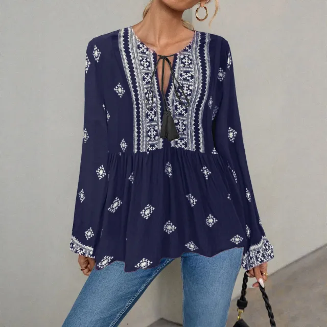 Retro National Style Half open Collar Lace up Loose Lantern Sleeve Shirt Navy - Shop at LoveMi