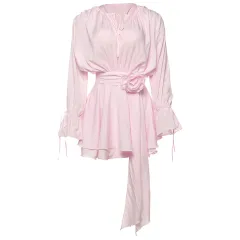 Round Neck Tied Flower Decoration Bell Sleeve Sheath Dress - Pink - View 1