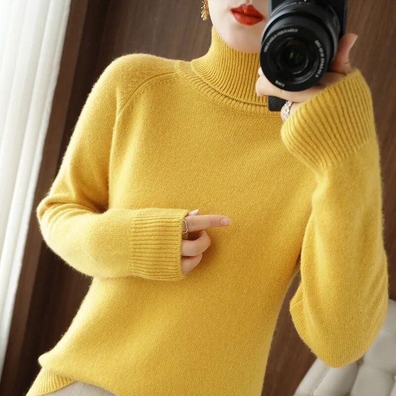 Women's Long-sleeved Bottoming Shirt Slim Slimming High Collar Sweater - Sunflower Yellow