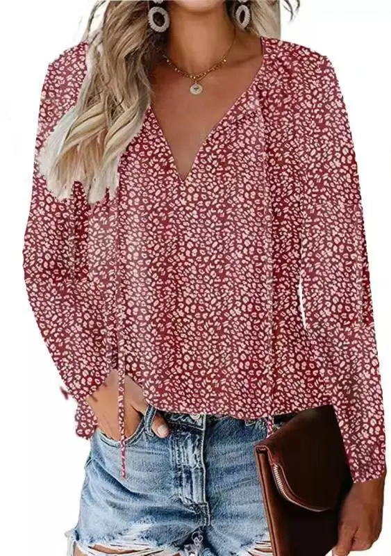 Floral Casual V neck Chiffon Shirt Loose And Simple Wine Red Long Sleeve - Shop at LoveMi