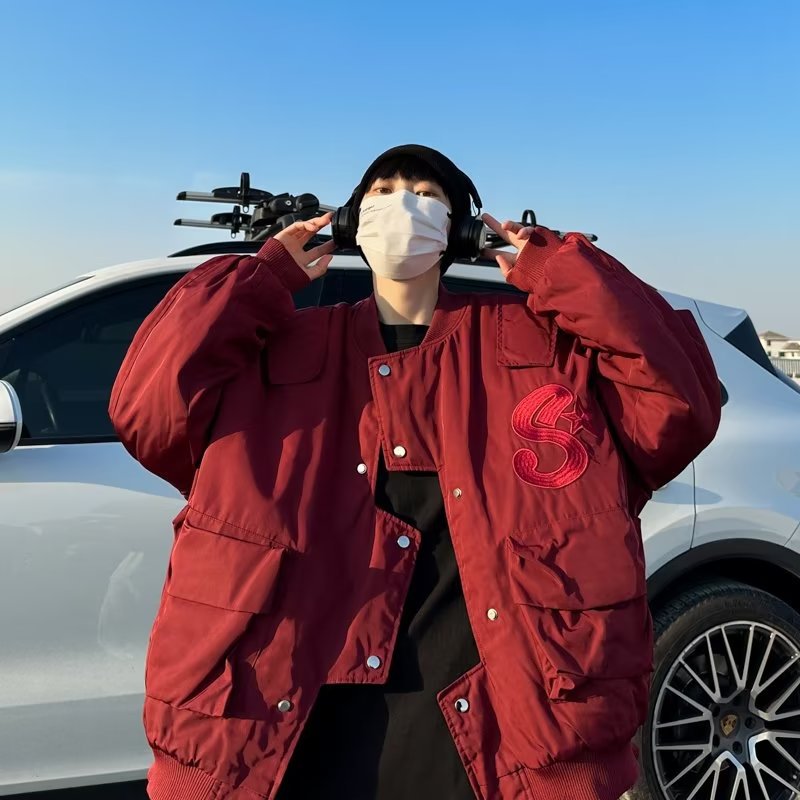 Wine Red Irregular Overalls Men's Spring And Autumn High-grade Pilot Jacket Short Baseball Uniform