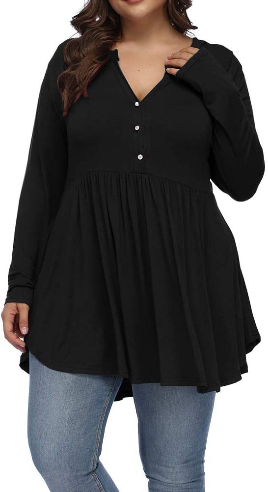 V-neck Buttons Pleated Long Sleeve Plus Size T-shirt