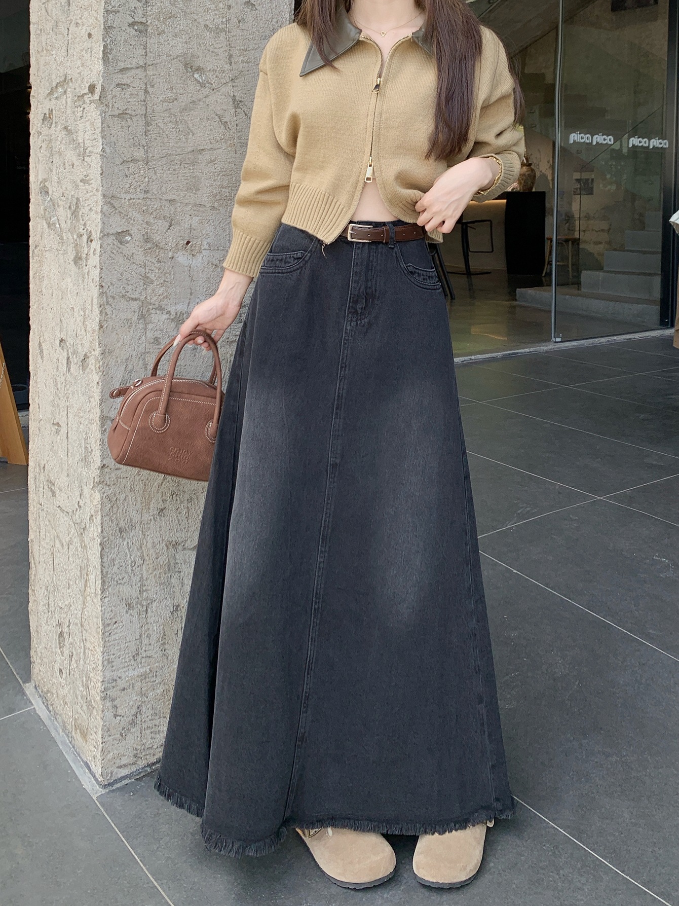 Spring And Autumn Korean Style High Waist Denim Midi Skirt Women's Retro Washed Frayed Edges 920b0577 3fd9 47b1 8484 3249f84b878d