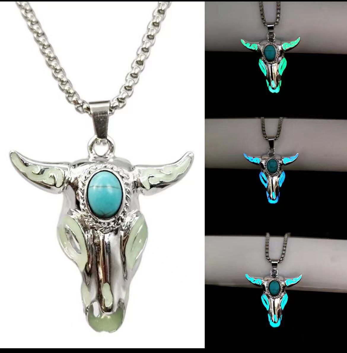Punk Fashion Turquoise Skull Bull Head Stainless Steel Pendant Necklace