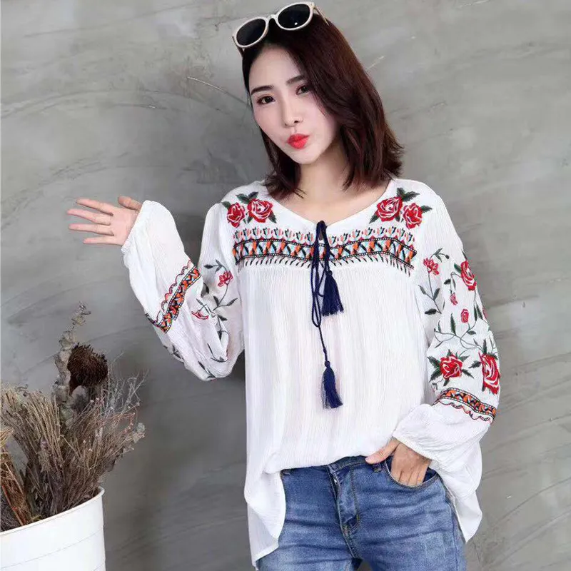 Ladies Tassel Embroidered White Shirt - White