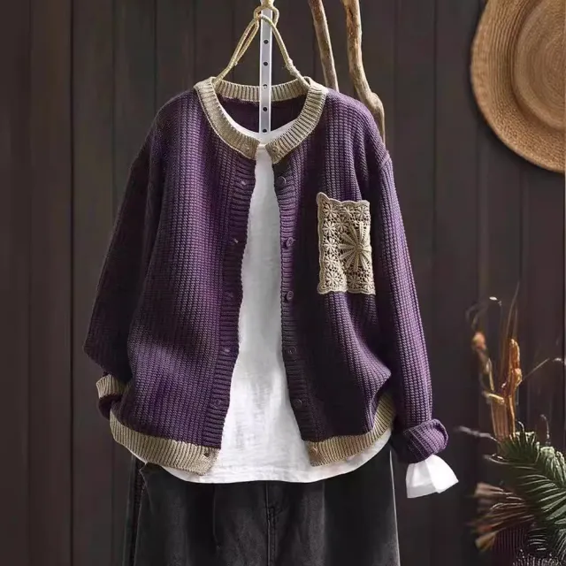 Retro Knitted Cardigan Women Round Neck Loose Purple - Shop at LoveMi